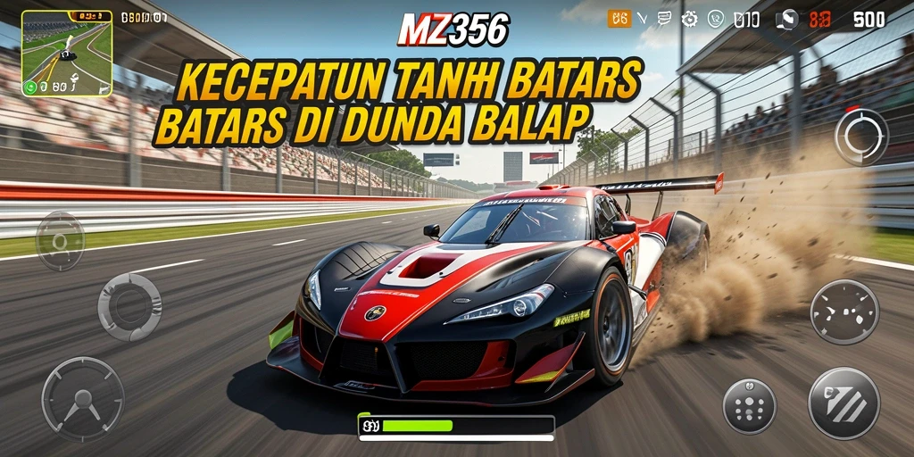 Tampilan gameplay MZ356 dengan mobil balap meluncur di lintasan.