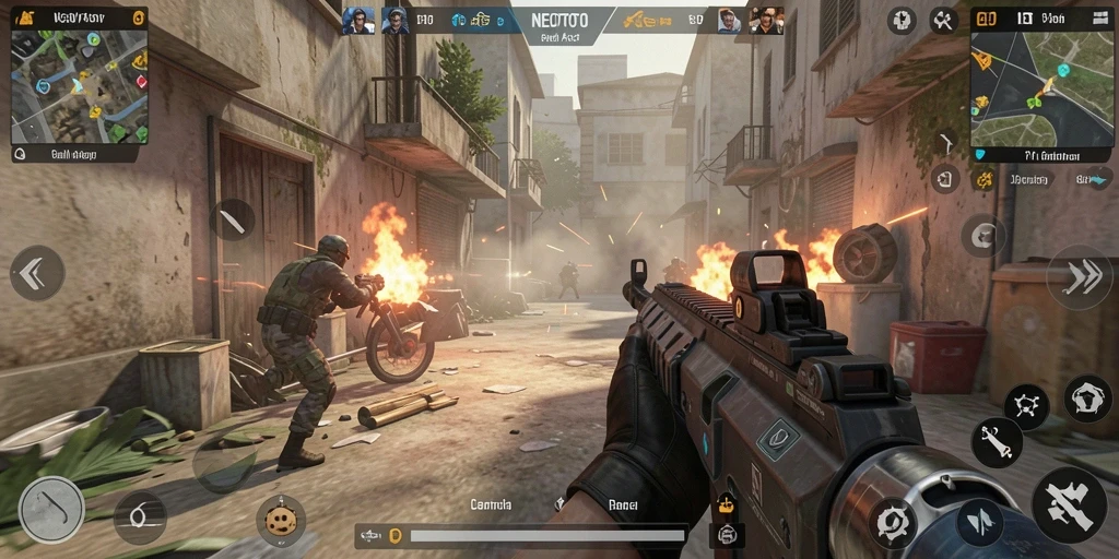 Screenshot gameplay NEOTOTO dengan aksi tembak-menembak yang intens.