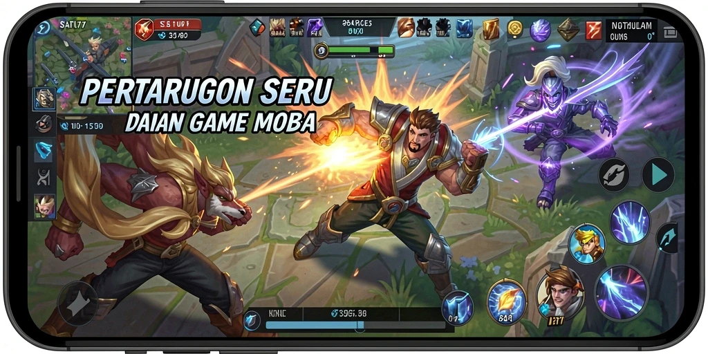 Tangkapan layar utama menunjukkan aksi seru dalam pertempuran MOBA.