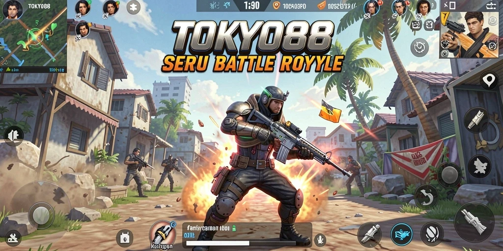 Screenshot gameplay TOKYO88 yang menampilkan pertempuran seru di arena Battle Royale.