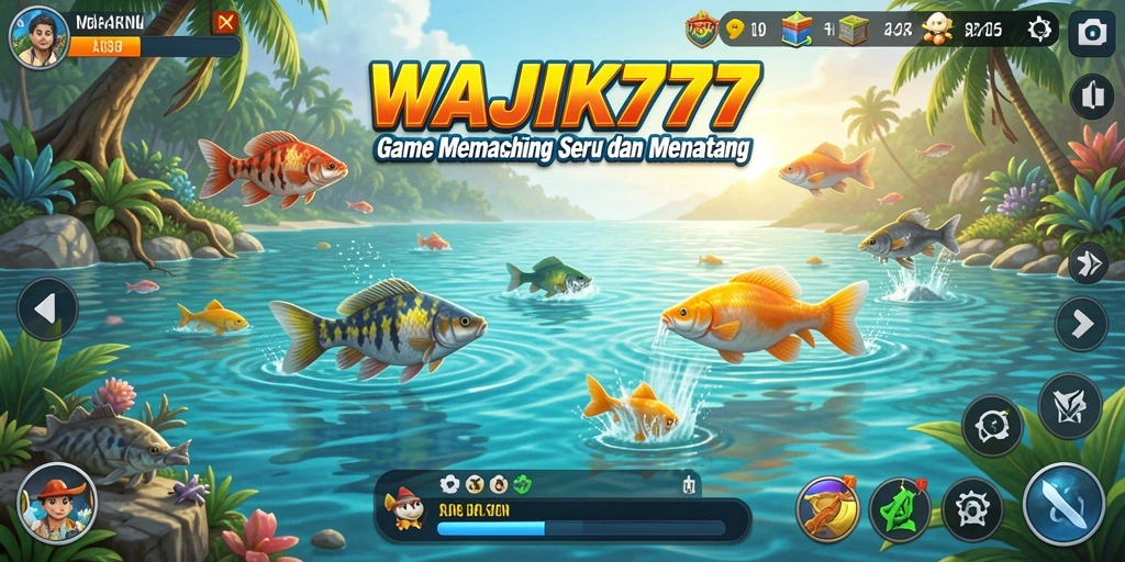 Tampilan seru gameplay WAJIK777 dengan berlatar belakang suasana memancing.